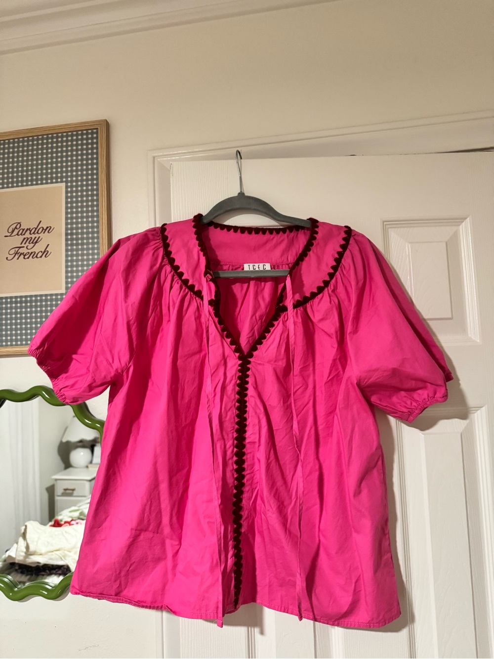 TCEC Hot Pink Short Sleeve Blouse with Black Trim